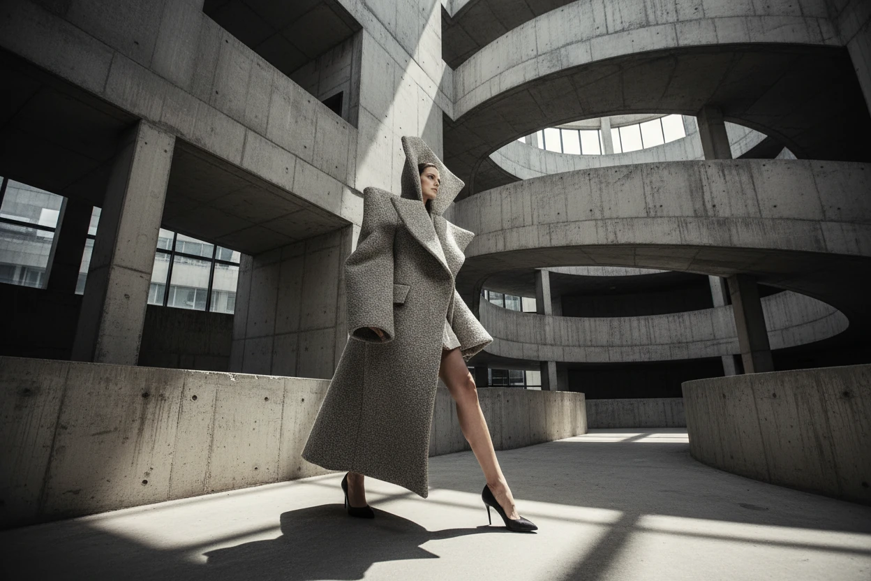 Editorial fashion concept of a sculptural grey coat within curved concrete architecture