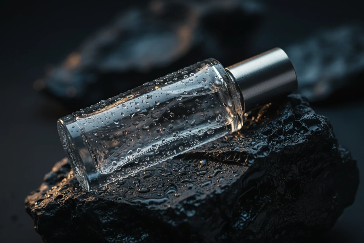 Product concept study of a clear fragrance bottle with water droplets on dark stone